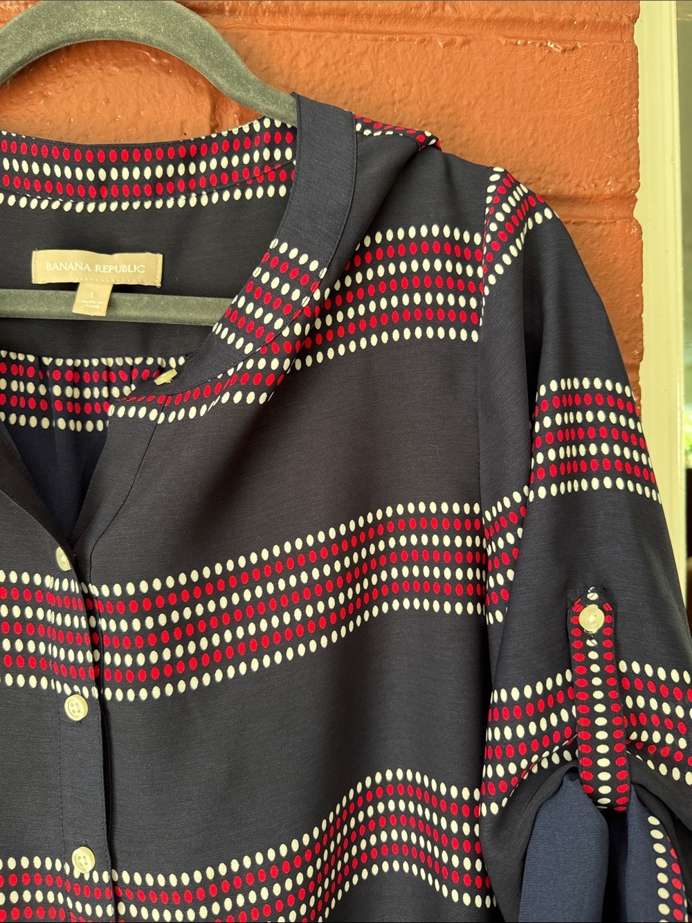 Banana Republic Navy Blouse with Red and White Dot Striped Pattern L - Picture 5 of 8